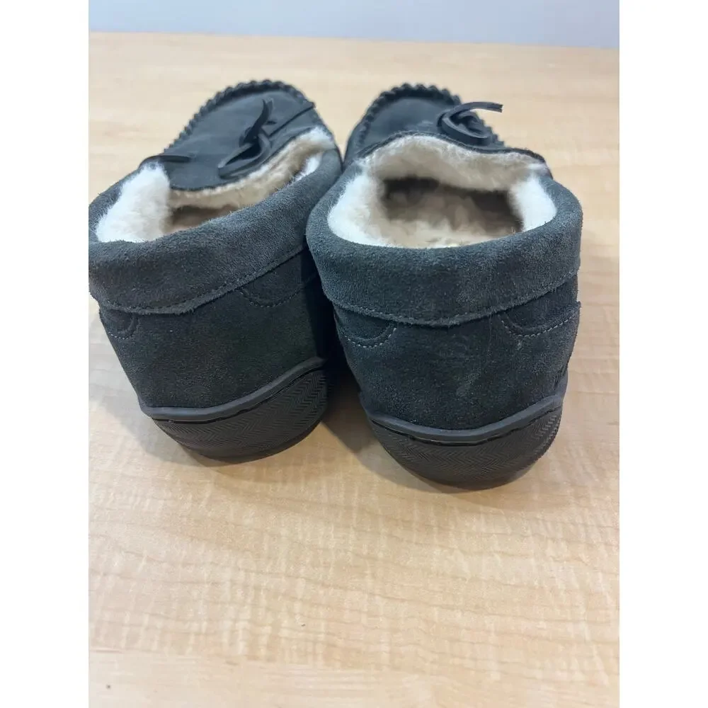 Men's Moccasin MySlippers Dark Grey Leather And Faux Shirling Lined Size‎ 10